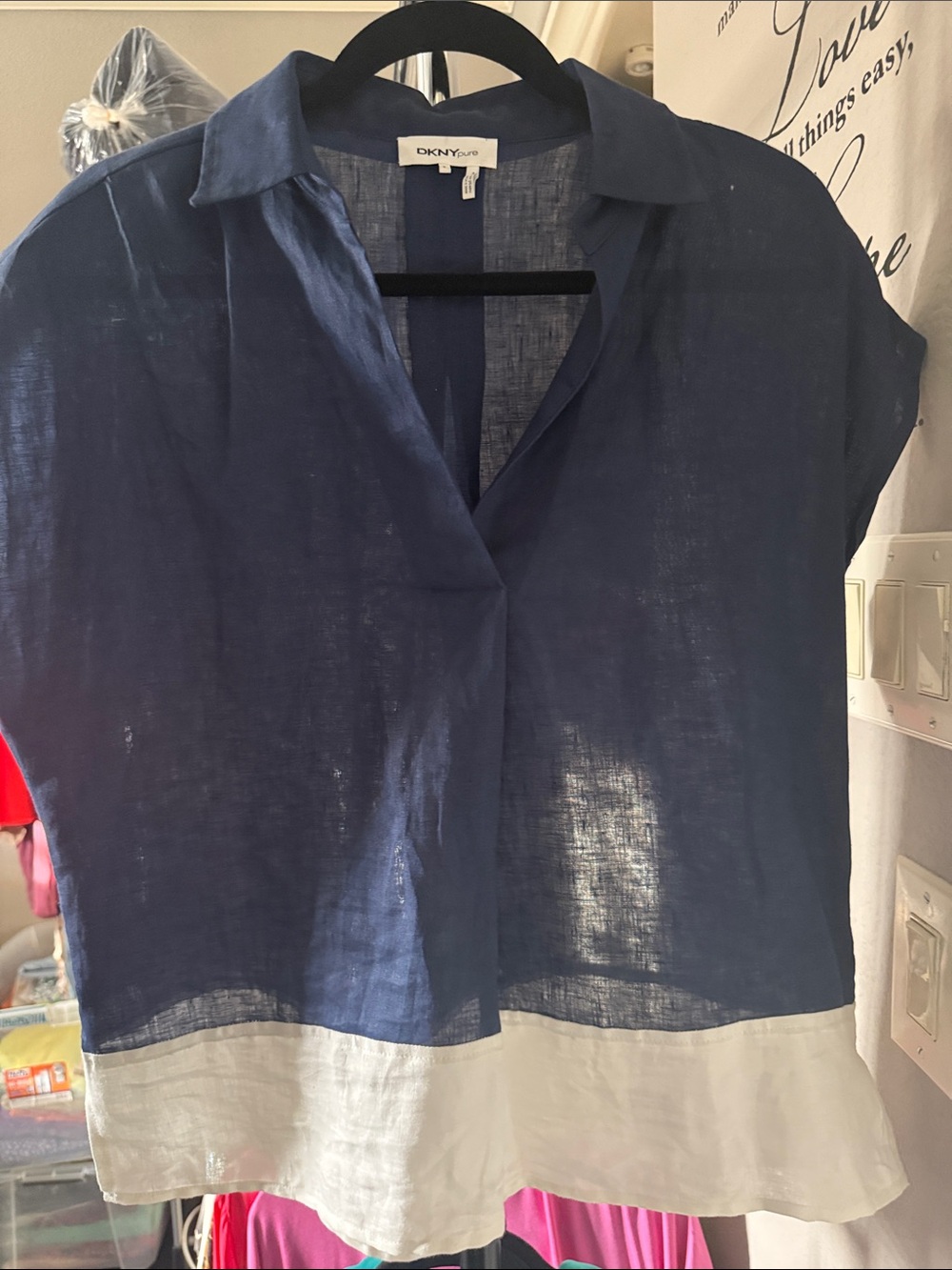 DKNY Navy and White Linen Colorblock Short-Sleeve Tunic